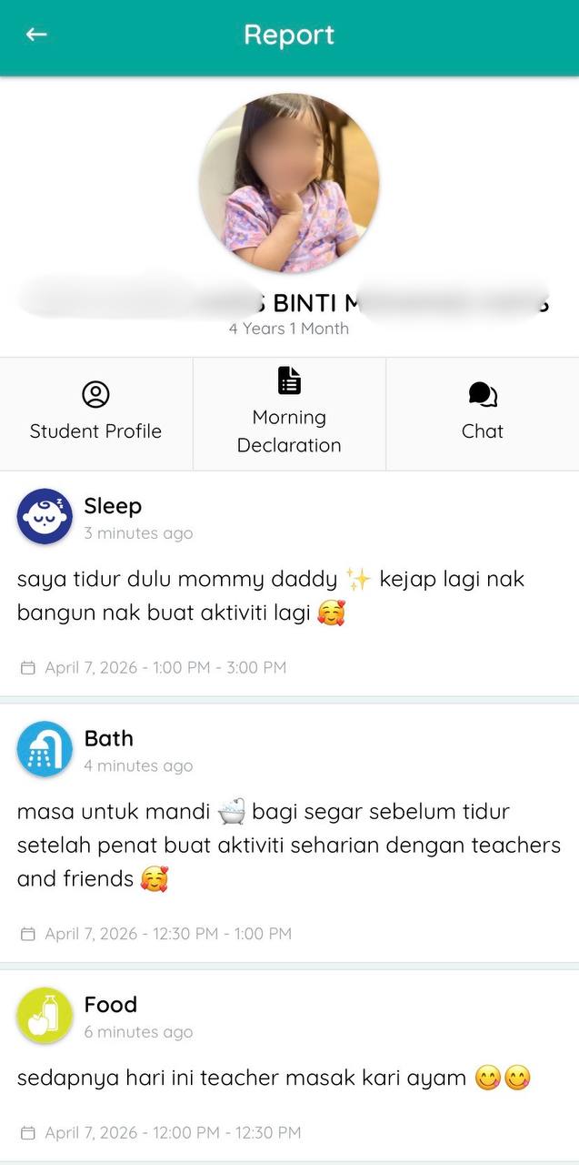Daily report showing sleep, bath, and food updates